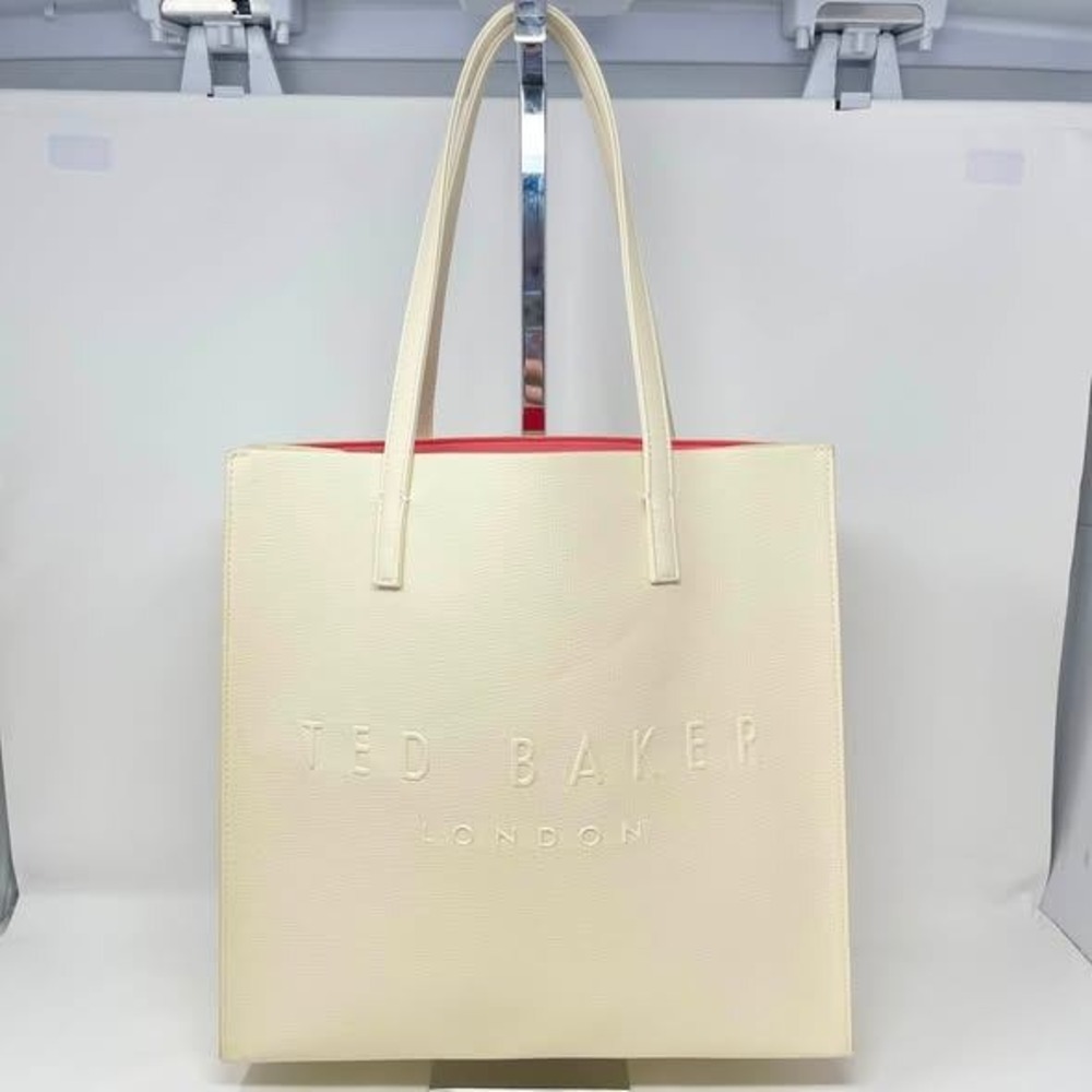 Ted Baker Soocon Medium Icon Tote Bag Cream‎ Faux Leather Embossed Coral Lining
